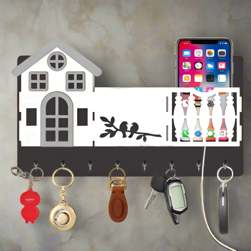 Mobile & key 3D Home Design With Sparrow Engraving Wooden Key Holder