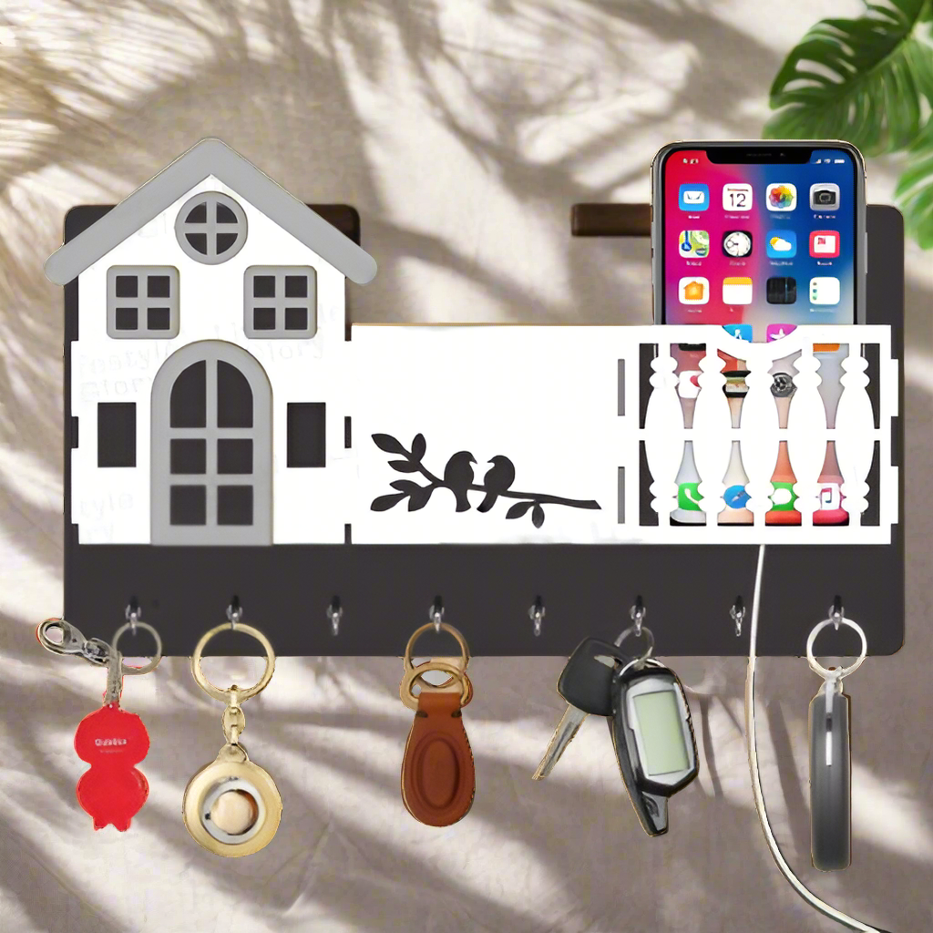 Mobile & key 3D Home Design With Sparrow Engraving Wooden Key Holder